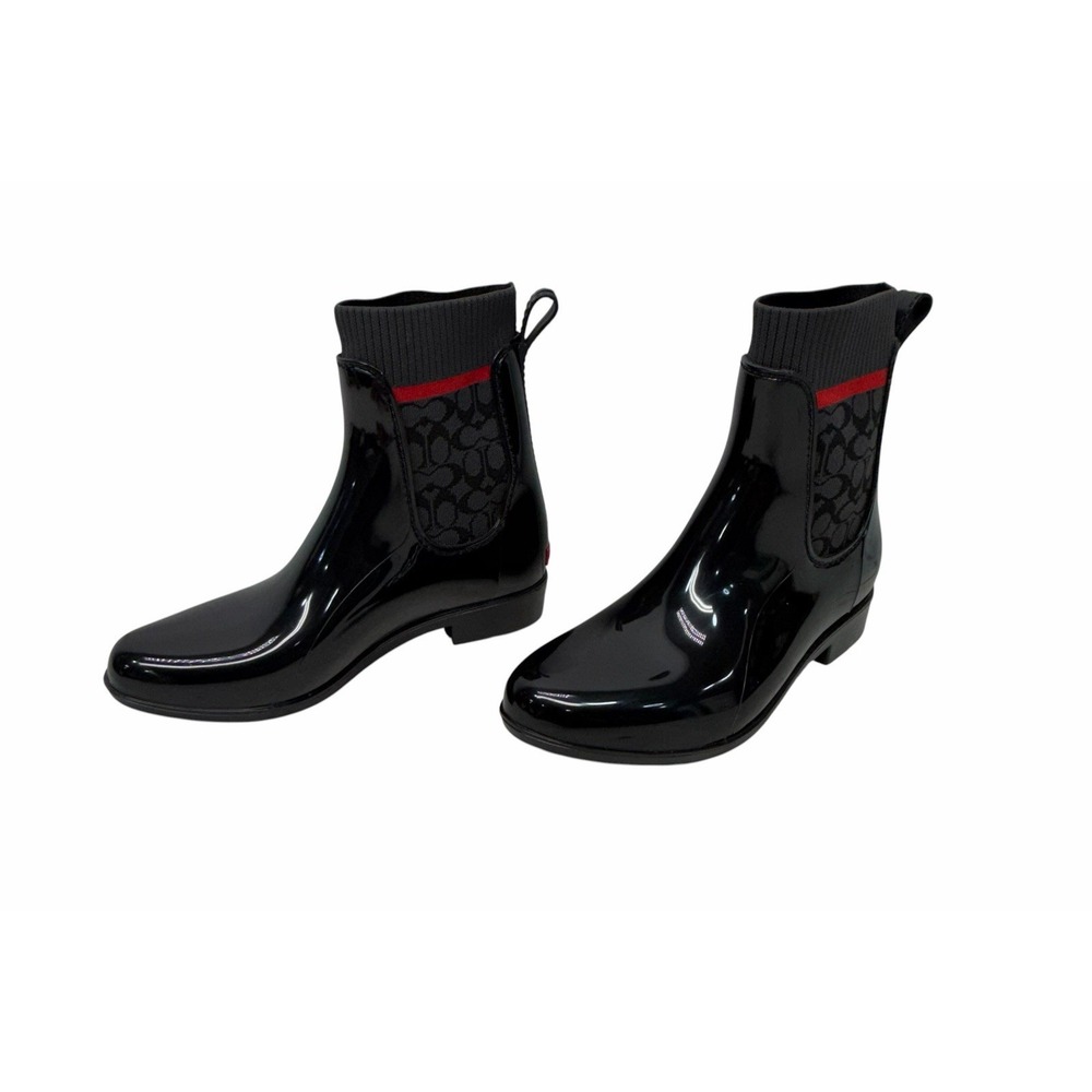 COACH Tristee Black Glossy Rain Boots Women's Size 6 B Sock Top Ankle Boot